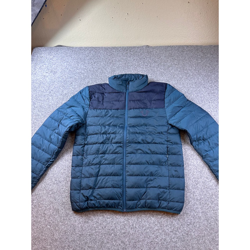 Men's True Religion Blue/Poseidon Puffer Jacket Coat Size Small Logo Zip Up